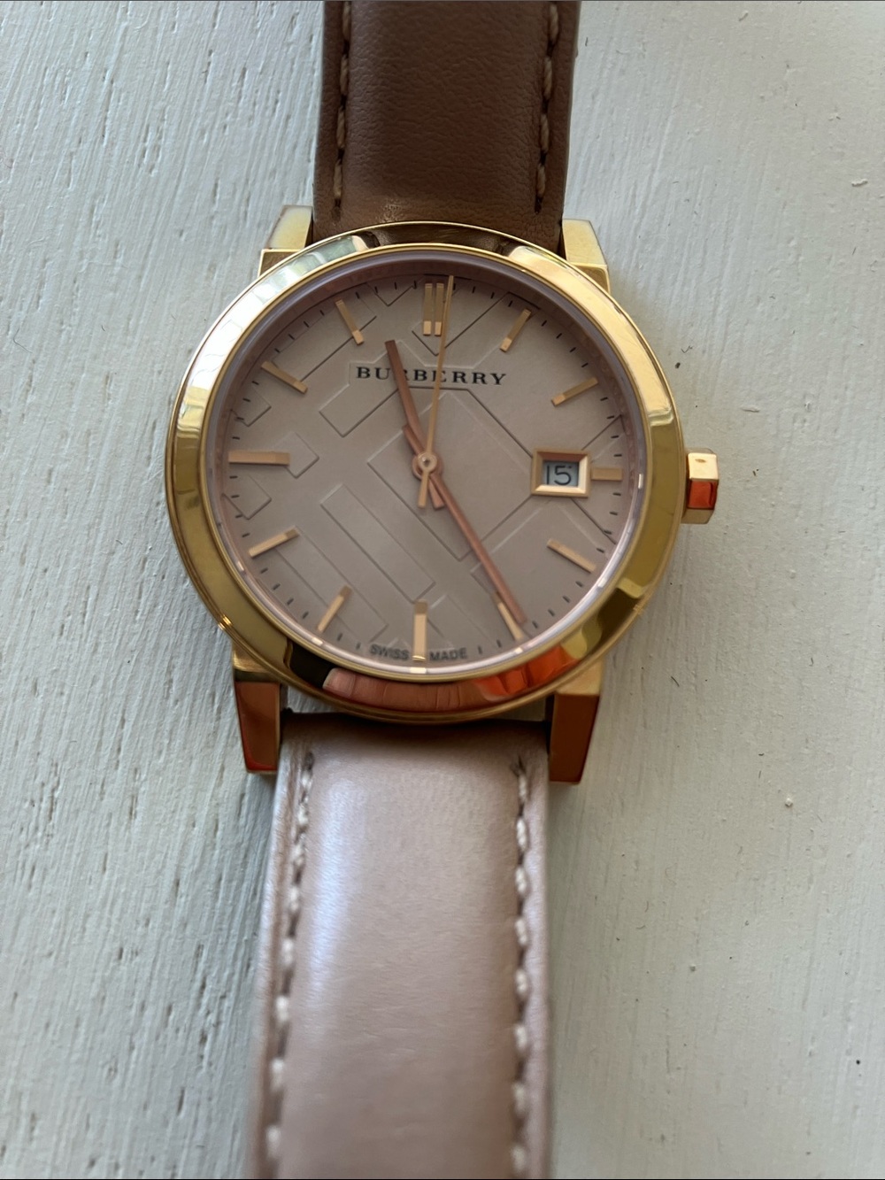 Burberry The City Tan Leather Strap Watch w/ Rose Gold Face & Gold Case- EUC - Picture 4 of 11